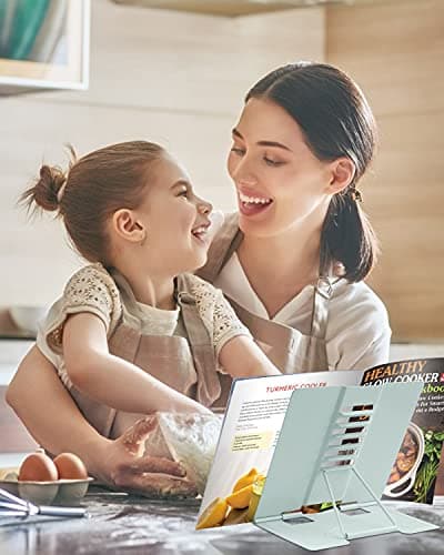 MSDADA Desk Book Stand Metal Reading Rest Book Holder Angle Adjustable Stand Document Holder Portable Sturdy Lightweight Bookstands-Textbooks Tablet Music Books Cook Recipe (Macaron Green) 5