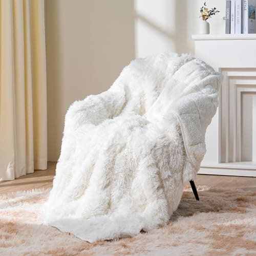 Topblan 15lbs Faux Fur Weighted Blanket Full Size, Ultra Soft Reversible Plush Sherpa Weighted Blanket with Luxury Long Fur to Help with Better Rela, 60x80 inches Cream