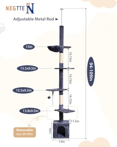 Floor to Ceiling Cat Tree, 5-Tier Height (95-109 inches) - Adjustable Cat Climbing Tower with Sisal Scratching Posts, Cat Condo, Hammock, Platforms, and Hanging Balls 6