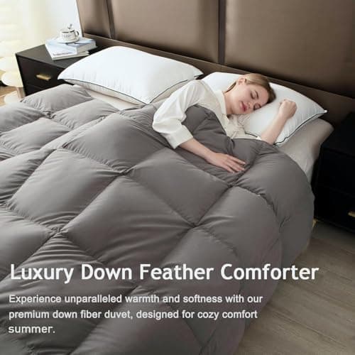 Grey Feather Down Comforter King Size,100% Organic Blended Cotton Fabric Cover,Ultra Soft Comforter High Fill Power Comforters, All Season Hotel Collection Fully Duvet Insert, 8 Corner & Center Loops 9