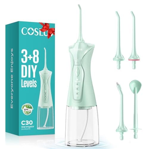 COSLUS Water Dental Flosser Pick for Teeth C30(FC5360): 4 Modes Cordless Portable 300ML Larger Tank Water Teeth Cleaner IPX7 Waterproof Flossing Cleaning Picks for Home Travel Green