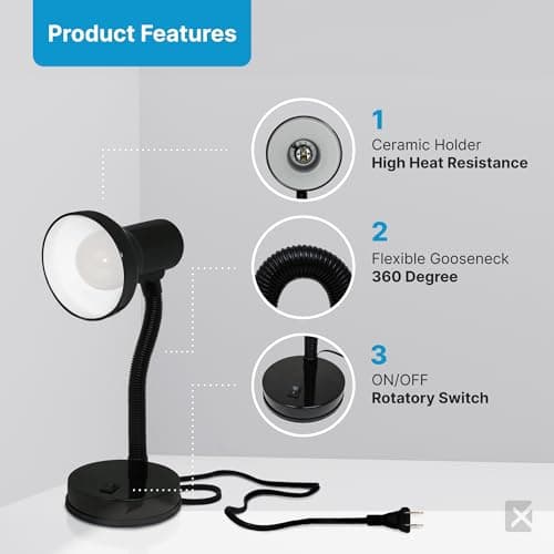 Xtricity LED Desk Light, 360° Adjustable Gooseneck, Home and Office Lamp with 7W A19 Bulb, 120V, On/Off Switch, 14” Height - Reading Lamps for Bedside Table, College Dorm (Black Finish) 2