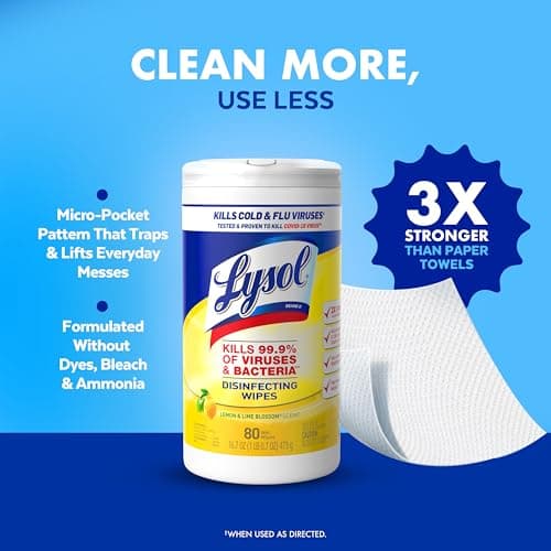 Lysol Disinfectant Wipes Multi-Surface Antibacterial Cleaning Wipes, Dorm Room Essentials For Disinfecting and Cleaning Lemon and Lime Blossom 80 Count (Pack of 2) 6