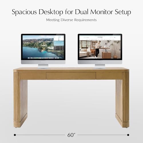 HULALA HOME Computer Desk with Power Outlets, 60 inche Modern Office Desk with Keyboard Tray and Fluted Wood Legs, Solid Wood Drawer, SEADRIFT 6