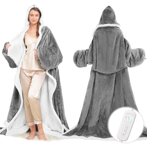 Wearable Heated Blanket with Foot Pocket, Electric Wearable Throw Blanket with Sleeves, Hood, Portable Heated Blanket with 8 Heat Settings, 1-10 Hours Auto Shut-off, Gift for Family, Friends, 50*70"