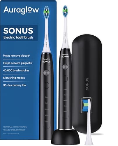AURAGLOW Sonic Electric Toothbrush for Adults – Rechargeable, 40,000 VPM, 5 Modes, Removes 10x More Plaque, IPX7 Waterproof, Wireless Charging, 30-Day Battery, 2 Brush Heads & Travel Case