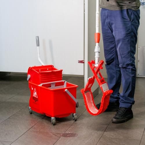 Unger Commercial - SmartColor Dual-Compartment Restroom Mop Bucket with Side-Press Wringer, 16 qt, Red - Restroom Cleaning - COMSR 10