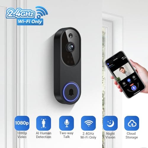 SearByte 1080P Wireless Video Doorbell Camera, 2.4G WiFi Only, AI Human Detection, Indoor/Outdoor Surveillance Cam, 2-Way Talk, Night Vision, Cloud Storage (Sold Separately) 3