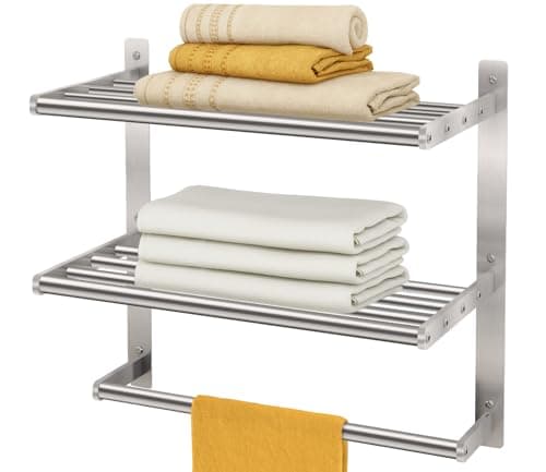 BETHOM Towel Shelf for Bathroom Wall Mounted, 3-Tier Hotel Style Towel Rack with Towel Bars, Brushed Nickel Towel Racks for Bathroom Lavatory, 16 Inch