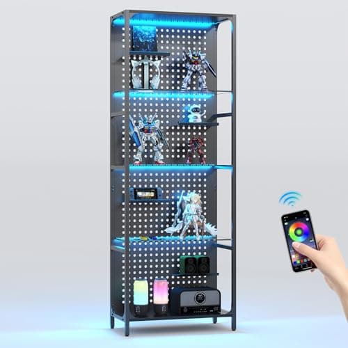 Saudism Glass Display Shelf for Collectibles, LED Black Shelf, Curio Cabinet, Lighted Tall Narrow Shelf with Pegboard Steel Frame for Gaming Room, Floor Lamp with Shelves, Living Room, Bedroom, Large 9