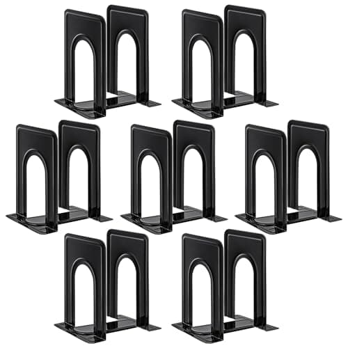 HappyHapi Book Ends, Non-Skid Metal Bookend Supports for Shelves, Heavy Duty Book End, Office Book Stopper, 6 x 5 x 6 Inches, 14 Pieces / 7 Pairs (Black)