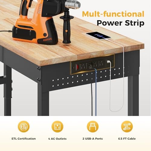 CAMMOO 60" Adjustable Heavy Duty Workbench, 2000 LBS Load Capacity Rubber Wood Work Table with Pegboard, Power Outlets, Work Bench for Garage, Workshop, Office, Home, Commercial 7