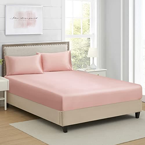 Queen Silk Satin Fitted Sheet, Soft Deep Pocket Single Bottom Bed Sheets Sold Separately, Wrinkle Free, Non- Fading, Breathable, Fully Elasticized(Queen Size, Blush)