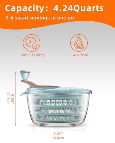 Brigii Salad Spinner, 4.24 Quart Lettuce Spinner with Double Drainage Holes, Salad Dryer for Washing, Spinning, and Draining Greens, Fruits, and Vegetables 5