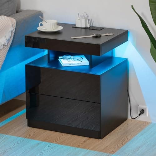HOMMPA LED Nightstand with Wireless Charging Station & USB Ports High Gloss Bedside Table with LED Light RGB Adjustable Brightness Smart Nightstand 2 Drawers Night Stand for Bedroom Black 6