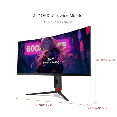 KTC 34'' Curved Ultrawide Gaming Monitor, 21:9, 3440x1440p 165Hz 1ms, 1500R Curved Monitor, Freesync G-sync, Picture by Picture,PIP, Height/Tilt/Swivel/Pivot 9