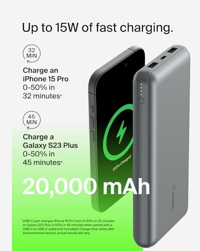 Belkin Portable Charger, USB C Power Bank 20000 mAh w/ 2 USB-A Ports, 15W w/A to C Cable - iPhone 17, Air, Pro, Pro Max, AirPods, Samsung Galaxy S25, iPad, Nintendo Switch 2, Google Pixel 10 - Gray 7