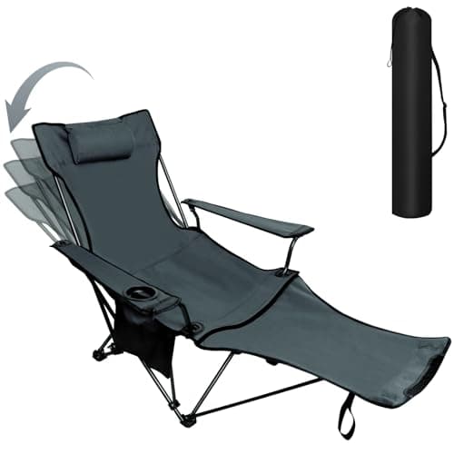 LAMA Upgrade Folding Reclining Camping Chairs with Foot Rest, Arbitrary Adjustment Angle, Portable Camping Chair with Armrest & Headrests & Cup Holder & Storage Bag for Camping Picnic BBQ Outdoor, GY