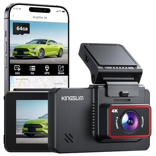 Kingslim 4K Dash Cam with 64GB Card, Front and Rear Car Dashcam Camera for Cars Support WiFi APP GPS, 3" Touchscreen