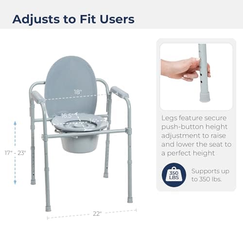 Drive Medical Folding Steel Bedside Commode Chair - 3-in-1 Portable Toilet - Adjustable Height - 350 Lb Weight Capacity - 7.5 Qt Bucket - Adult Commode - Grey 7