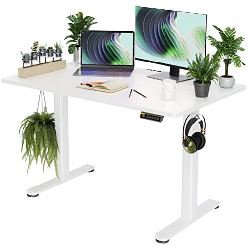 Claiks Electric Standing Desk, Adjustable Height Stand up Desk, 48x24 Inches Sit Stand Home Office Desk with Splice Board, White Frame/White Top