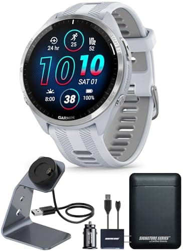 Garmin Forerunner 965 Advanced GPS Multisport Touchscreen Smartwatch, Whitestone, Heart Rate Monitor, On-Device Workouts, Up to 13 Day Battery Life w/Signature Series Power Bundle