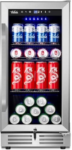 Velieta 15'' Beverage Refrigerator and Beer Fridge Under Counter Built-in or Freestanding,127 Cans Beverage Cooler with Glass Door and Lock for Bottles and Cans Beer/Soda/Water/Wine