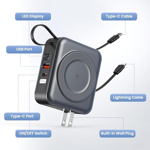 for Magsafe Portable Charger with AC Wall Plug, 6-in-1 Magnetic Wireless Power Bank 10000mAh Built-in Cables, 22.5W Type-C in&Out Fast Charging Battery Pack for iPhone 17/16/15/14/13/12 Series, Gray 7