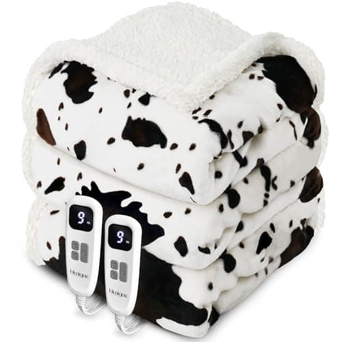 blunique Heated Blanket King Blanket - Fast Heating Electric Blanket, Soft Flannel Heated King with 4 Time Settings,10 Heating Settings, Warm Gifts for Women & Mom & Grandma(90"x100"Cow Print White)