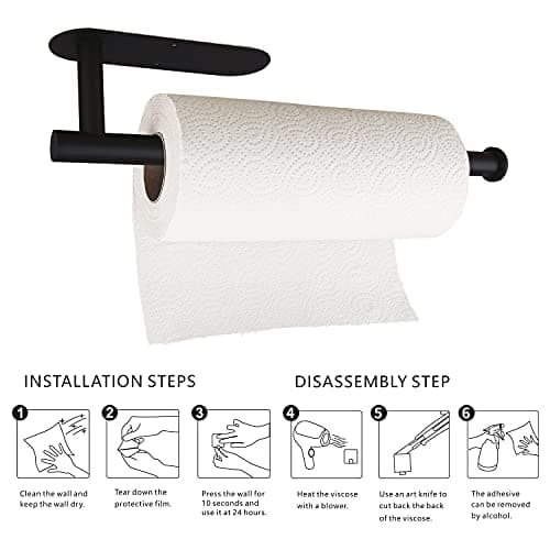 Paper Towel Holders-Blcak,Paper Towels Rolls - for Kitchen,Paper Bulk- Self-Adhesive Under Cabinet,Both Available in Adhesive and Screws,Stainless Steel 6