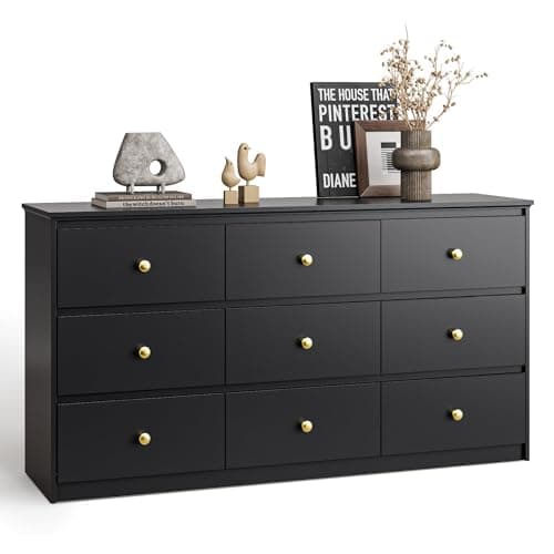 Tradare Black Dresser for Bedroom, Large 9 Drawers Dresser for Bedroom, Modern Chest of Drawers Storage Organizer Dresser for Bedroom, Hallway