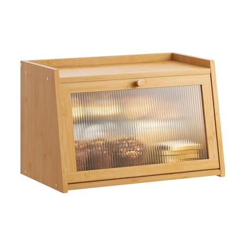 GHWIE Large Bread Box, Easy Access & Cleaning - Bamboo Bread Box for Kitchen Countertop with Acrylic Door (Natural, Medium)
