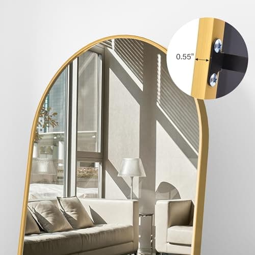 ZMYCZ Arched Floor Mirror, 56"x20" Full Length Mirror, Standing Mirror Hanging or Leaning, Body Mirrors with Stand, Wall Mounted Arched-Top Mirrors with Aluminum Frame for Bedroom (Gold) 5