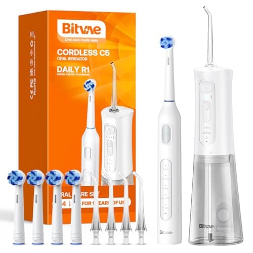 Bitvae Water Dental Flosser Teeth Picks, Cordless Water Flosser for Teeth, Braces, Dental Care and Rechargeable Rotary Electric Toothbrush Combo Set, 4 Tips, 4 Brush Heads, Waterproof, White, C5+R1