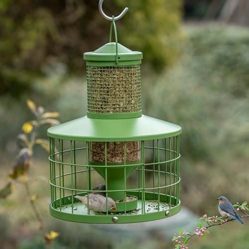 Caged Bird Feeders Squirrel-Proof, Metal, 2.8Lbs Capacity-Cage Tube Seed Feeders with Tray, Hanging Wild Bird Feeders, Attract Birds,Detachable Cleaning, Starling Proof Wild Bird Feeder（Green） 5