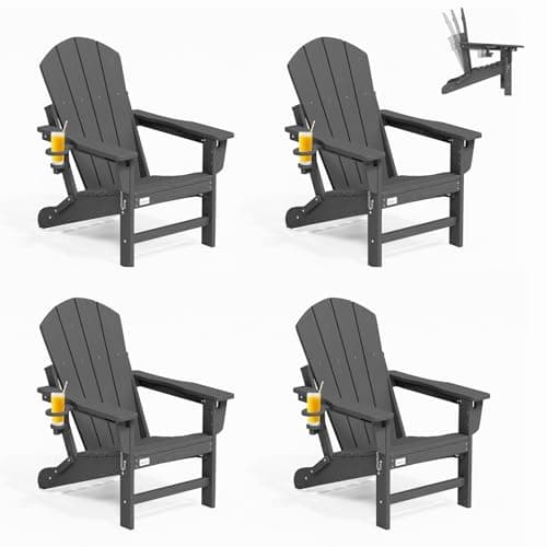 Mdeam 3-Position Adjustable Adirondack Chairs Set of 4, 400LBS Capacity, Cup Holder, Wooden Textured, All-Weather HDPE Folding Fire Pit Outdoor Chairs for Poolside Deck Patio Garden Yard Lawn - Grey 9