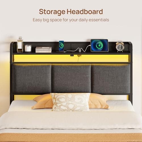 Rolanstar Bed Frame Twin Size with Charging Station and LED Lights, Upholstered Storage Headboard with Drawers, Heavy Duty Metal Slats, No Box Spring Needed, Noise Free, Easy Assembly, Dark Grey 8