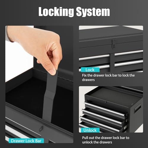 Goplus Tool Chest, 5-Drawer Rolling Tool Storage Cabinet with Detachable Top Tool Box, Liner, Universal Lockable Wheels, Adjustable Shelf, Locking Mechanism, Metal Tool Cart for Garage Workshop 6