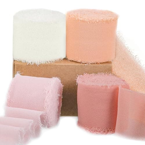 Chiffon Ribbon 32 Yard x 1-1/2 inch Handmade Fringe Chiffon Silk Ribbon for Crafts Flower Bouquet Wedding Gift Wrapping Home Decorations（White & Pink Series 4 Rolls ）
