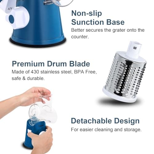 Geedel Rotary Cheese Grater, Kitchen Mandoline Vegetable Slicer with 3 Interchangeable Blades, Easy to Clean Rotary Grater Slicer for Fruit, Vegetables, Nuts 6