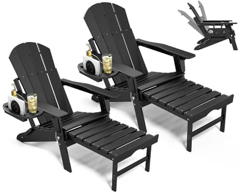 NAVINE Adjustable Adirondack Chair with Retractable Ottoman Set of 2, HDPE Folding Adirondack Chair with Cup Holder, All Weather Fire Pit Chair for Outdoor.