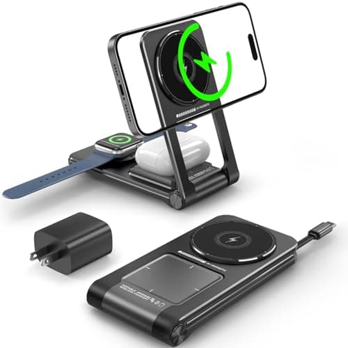 GiieeGii 3 in 1 Magnetic Wireless Charger,Foldable Charging Station Built-in Retractable Cable,15W Portable Wireless Charging Stand for iPhone 16 15 14 13 12,Apple Watch,AirPods (20W Adapter) (Black)