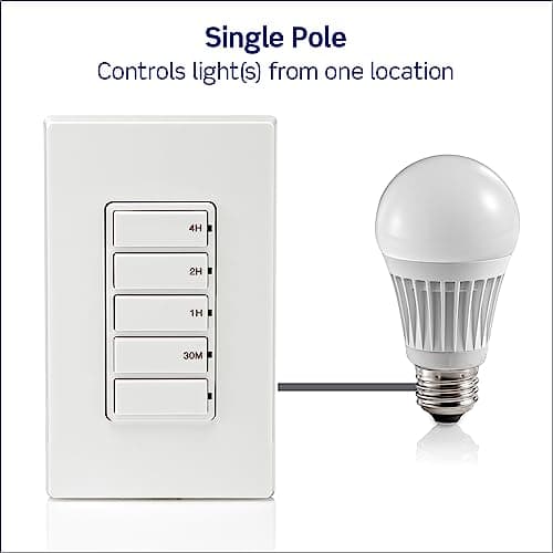 Leviton Countdown Timer Switch for household lights, heaters and exhaust fans, 30 min, 1-2-4 hour, No Neutral Wire Required, Single Pole, 15A, 1/2 HP/9.8A Fan/Motor, DT104-1LW, White 9