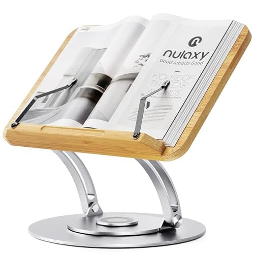 Nulaxy Bamboo 360 Rotating Book Stand for Reading, Adjustable Textbook Holder for Reading, Foldable Desktop Cookbook Stand with Protective Page Clips, Fits All Books - Silver