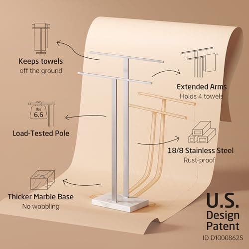 KES Standing Towel Racks for Bathroom 2-Tier, Floor Towel Rack Stand with Heavy Marble Base, Upgrade Steady Freestanding Design, Pro-Grade 18/8 Stainless Steel Brushed Finish, BTH217-2 7