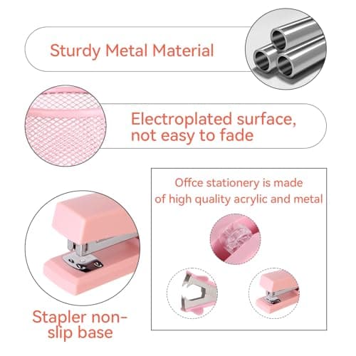 Pink Desk Accessories, Pink Office Supplies Set with Stapler, Tape Dispenser, Staple Remover, Pen Holder, Scissor, Binder/Paper Clips, Ballpoint Pen, Clear Tape and 1000pcs Staples 6