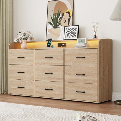 9 Drawers Dresser for Bedroom, 63" Wood Dresser with Power Outlet, LED Lights and Deep Drawers, Wide Chest of Drawers, Modern Minimalist Closet Dressers for Kids Bedroom, Living Room, Nursery, Oak