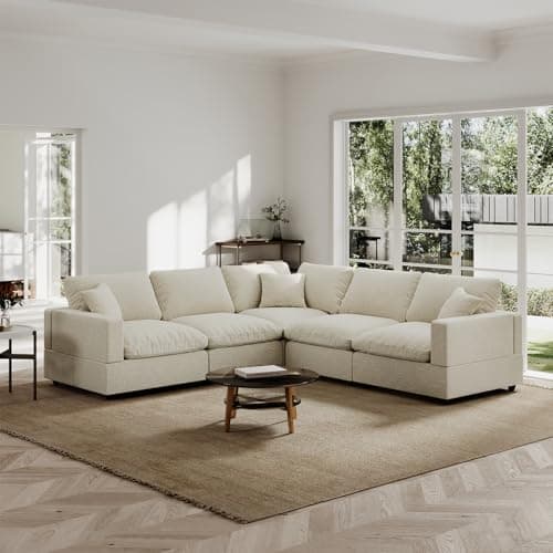 Gtilzria Cloud Sectional Linen Couch for Living Room V-Shape Sofas,5 Seat Modern Modular Sofas,Couches Cushion Covers Removable,Cozy Down Filled Sofa for Apartment Beige
