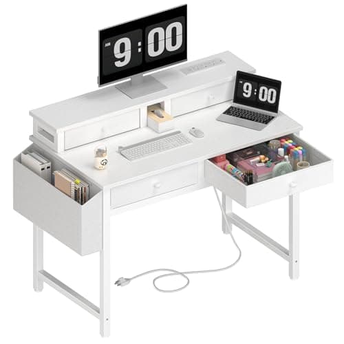 Lufeiya Small White Kids Desk with Fabric Drawers for Bedroom, 32 inch Vanity Makeup Desk with Drawers Storage for Home Office, Writing Study Table with Power Outlet & Monitor Stand, White