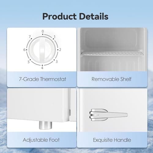 LHRIVER Mini Freezer, 1.2 Cu.ft Small Upright Freezer with Handle, Removable Shelves, 7 Adjustable Thermostat, Low Noise for Bedroom/Apartment/Office, White 6